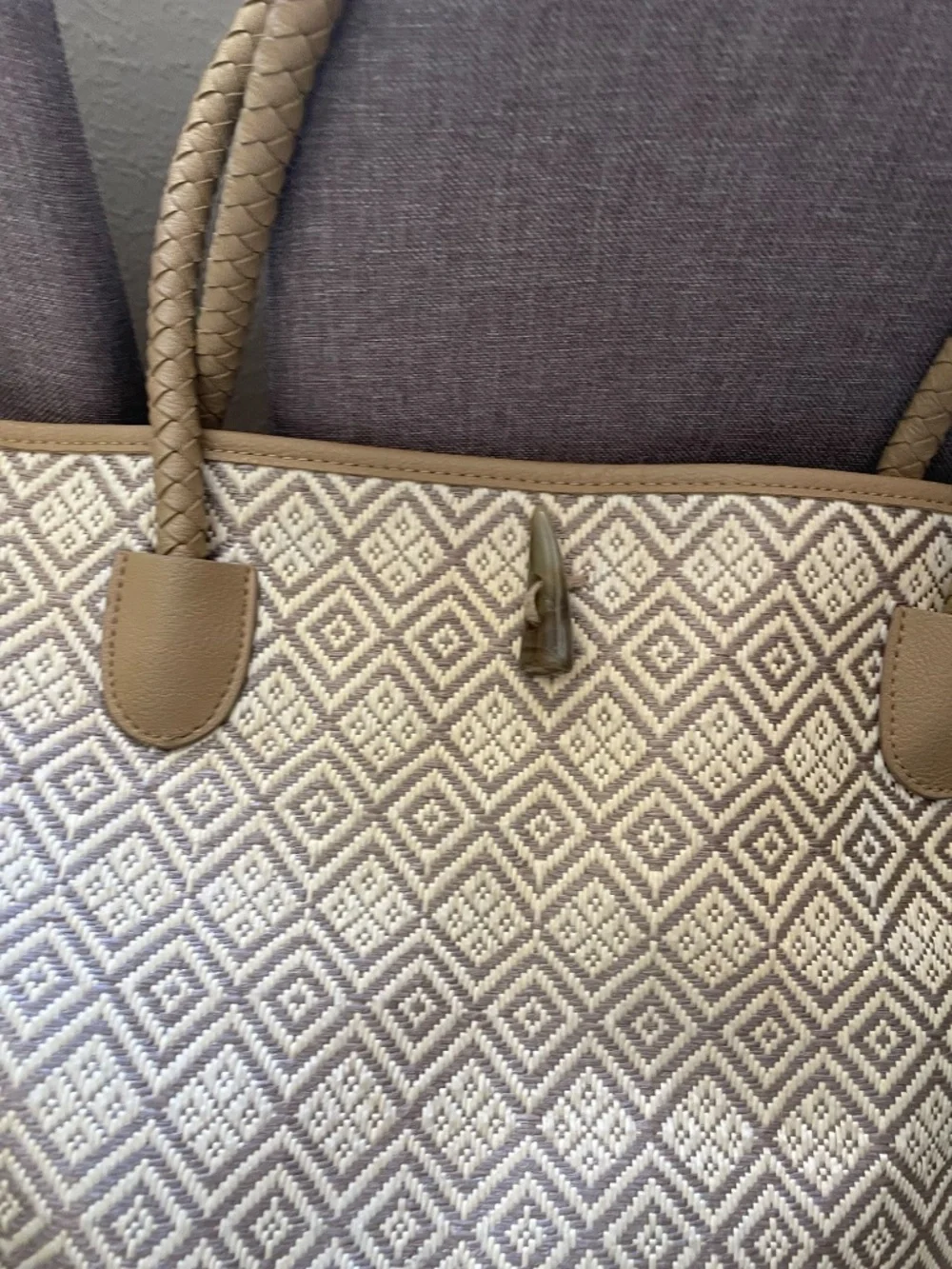 Neiman Marcus Gold Diamond Print Tote Bag | Braided Rope Handles | Leather Trim - Picture 4 of 6